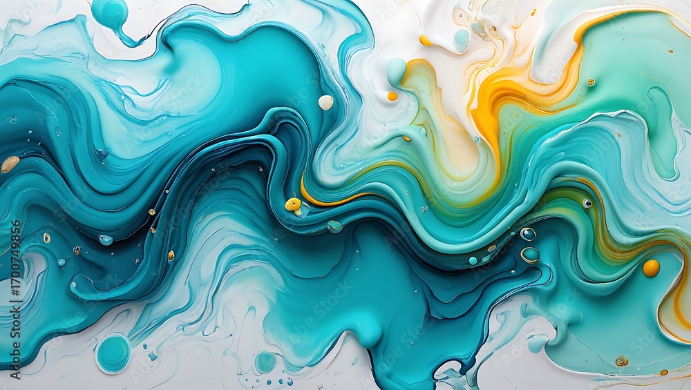 Poster abstract art with flowing turquoise and gold colors creating a dynamic fluid design