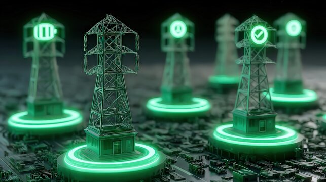A digital landscape featuring glowing energy towers on a high-tech circuit board, This image is ideal for illustrating concepts like renewable energy, technology, and network infrastructure,