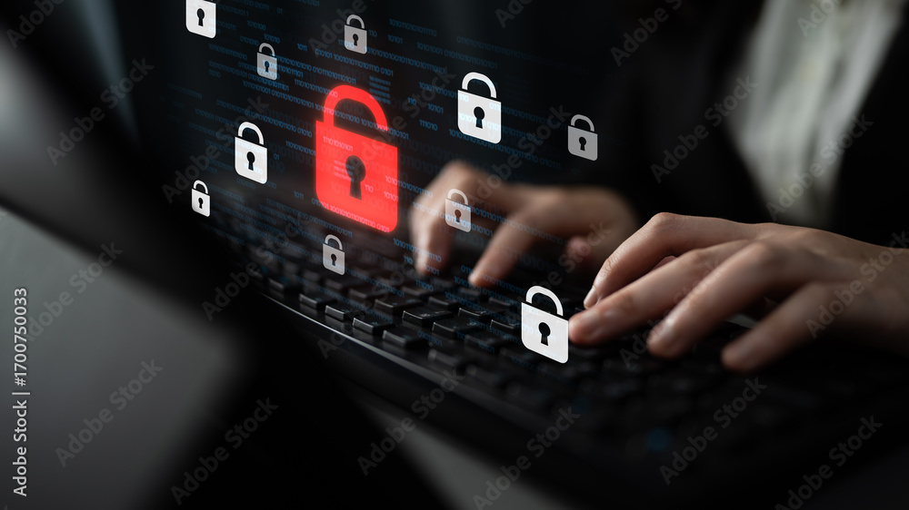 Poster digital security concept illustrating a cybersecurity breach, with a red unlocked padlock indicating