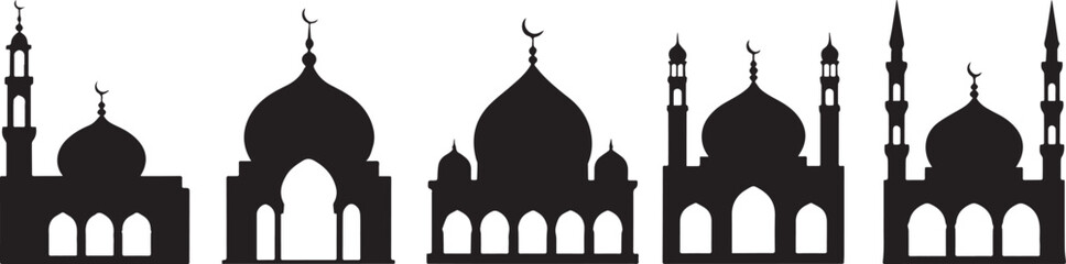 Set of black mosque silhouettes with domes and minarets for Islamic architecture design projects.