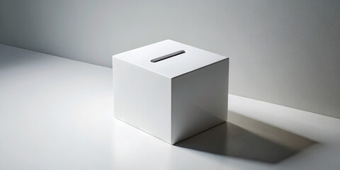 A simple white ballot box rests on a smooth gray surface. The box features a narrow slit for ballots and casts soft shadows, indicating it's a serene afternoon moment focused on voting