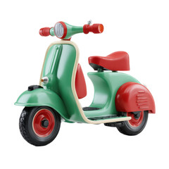 A green and red scooter with a red seat