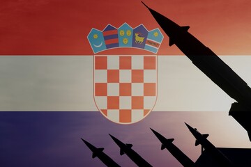 Silhouettes of rockets on a background of flag of Croatia. Copy space on the left side