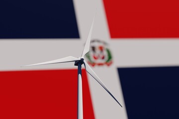 Wind turbine on a background of blurred flag of Dominican Republic. Wind power concept, selective focus