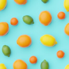 Seamless pattern with many citrus fruits on blue diamond background. Top shot, flat view