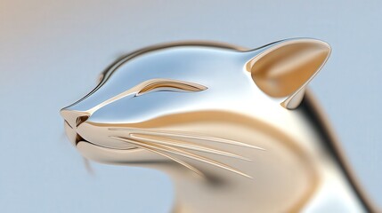 A sleek, metallic representation of a cat's face, showcasing a minimalist design with smooth curves, Ideal for modern art projects, animal-themed branding, or to evoke a sense of elegance in design,