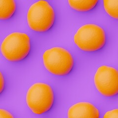 Seamless design consisting from oranges on aztech purple background. Top flat view