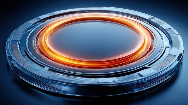 A sleek, futuristic round interface with glowing orange accents, set against a dark background, Ideal for technology, sci-fi, or digital innovation projects