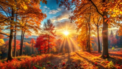 Fototapeta premium Golden Sunburst Through Autumn Forest Trees fall.