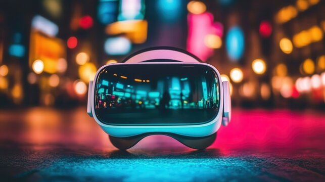 A futuristic virtual reality headset stands in focus against a vibrant city backdrop, exemplifying modern technology and immersive experiences, ideal for tech articles and marketing campaigns,