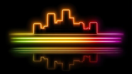 A vibrant city skyline illuminated with neon colors reflects against a dark background, creating a dynamic visual, Ideal for backgrounds, event promotions