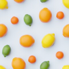 Seamless design consisting from citrus fruits on sea blue background. Top flat view