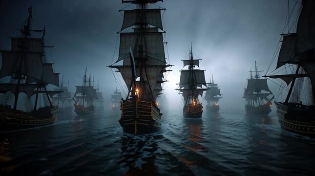 Fleet of historical sailing ships on a dark and misty sea at night