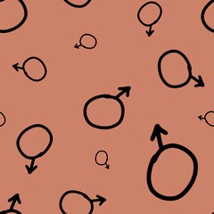 Multiple symbols of male symbol composited as seamless pattern. The symbols are made in black color on chestnut background