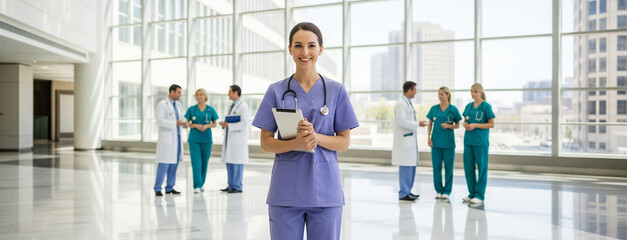 Professional Doctors and Nurses Collaborating in Hospital, Emergency Teamwork and Training Environment for emergency care promotion, medical teamwork visuals, hospital recruitment campaign, healthcare