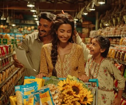 Happy indian family with daughter grocery shopping in a supermarket