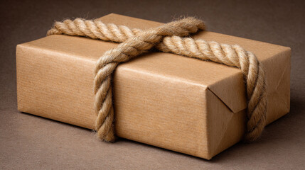 small gift wrapped in craft paper with rope cross beautifully arranged in minimalist composition