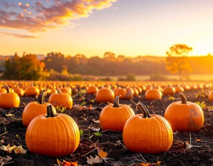 Pumpkin patch field with many ripe orange pumpkins during a beautiful autumn sunset.