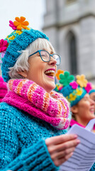 Radiant older woman with spectacles and bright floral knitted hat expresses pure joy while singing outdoors with group