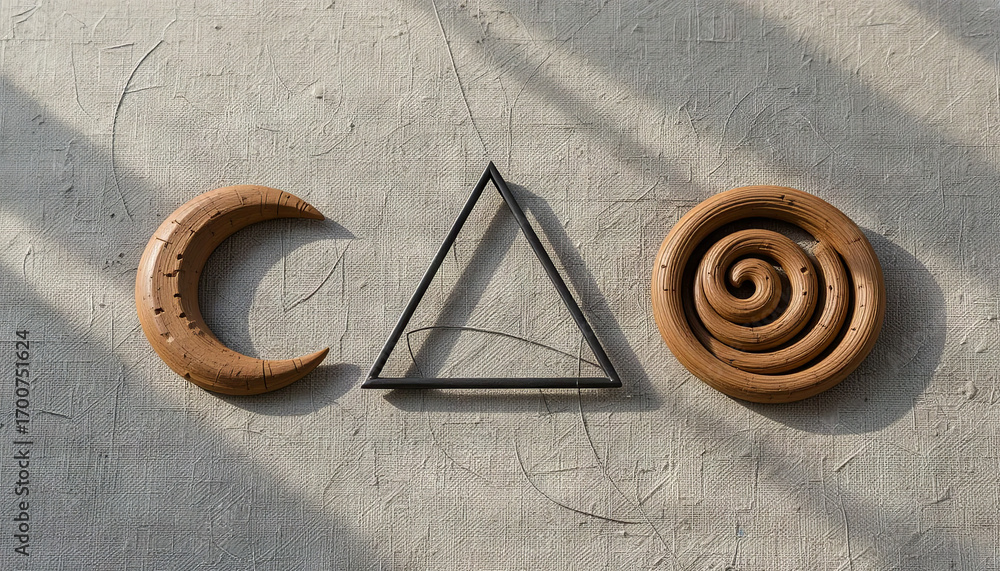 Aufkleber Three distinct shapes—a crescent moon, triangle, and spiral—are elegantly placed on a textured background. Soft shadows from natural light enhance the design's visual appeal and depth