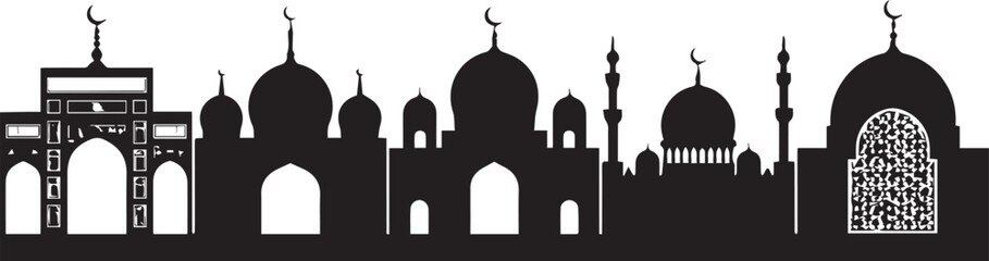 Set of black mosque silhouettes with domes and minarets for Islamic architecture design projects.