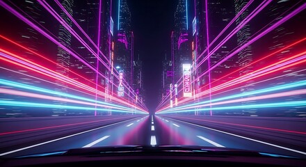 Fototapeta premium Futuristic Neon Cityscape: High-Speed Drive Through Vibrant Cyberpunk Streets.