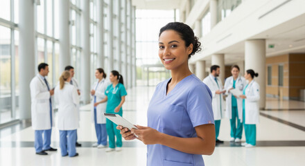 Smiling Doctor Leading Diverse Medical Team in Modern Hospital Corridor for healthcare marketing, hospital website banner, medical team brochure, trust and care campaign, professional doctor portrait