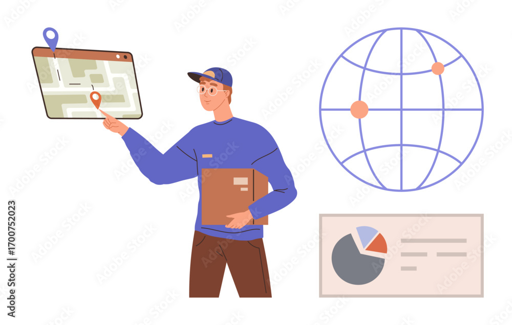 Poster delivery man holding a package and pointing at a map with a location pin, globe for global tracking,