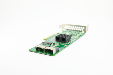 Disk array controller card( Raid ) with double mini sas connector isolate on a white background.
