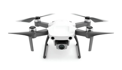 A front view of a white and gray drone with propellers on a white background in a studio setting