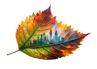 Autumn Leaf with Cityscape Silhouette A Fusion of Nature and Urban Landscape Art
