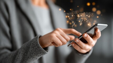 Woman holding smartphone interacting with digital icons, demonstrating data visualization and application connectivity in modern era
