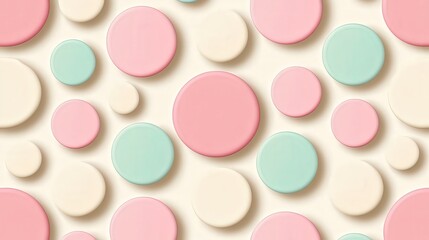 A vibrant collection of pastel circles in pink, mint, and cream against a soft background, Ideal for backgrounds, packaging, kids' products, or playful design projects to evoke a cheerful atmosphere,