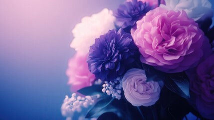 Fototapeta premium A vibrant arrangement of purple and pink flowers against a soft background creates an elegant atmosphere, perfect for use in greeting cards, event invitations, or home decor projects,
