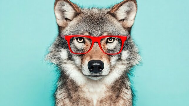 A stylish wolf wearing red glasses against a vibrant turquoise background, This playful and humorous image can be used in marketing campaigns, social media posts, or as wall art for creative spaces,