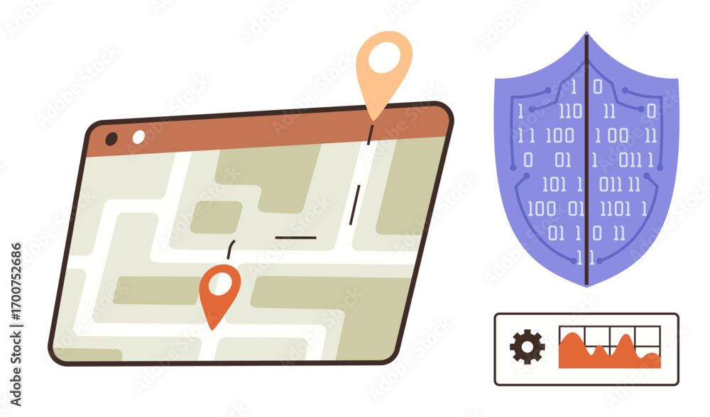 Aufkleber map with route indicators, binary code shield for online security, chart with gear for data analysis