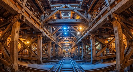 Fototapeta premium Majestic Wooden Railway Structure: Industrial Architecture, Railroad Tracks, Beams, and Interior Design.