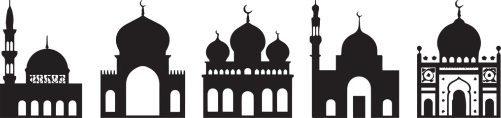 Set of black mosque silhouettes with domes and minarets for Islamic architecture design projects.