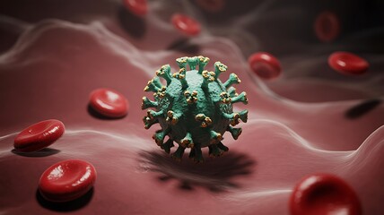 Microscopic View of Coronavirus and Red Blood Cells