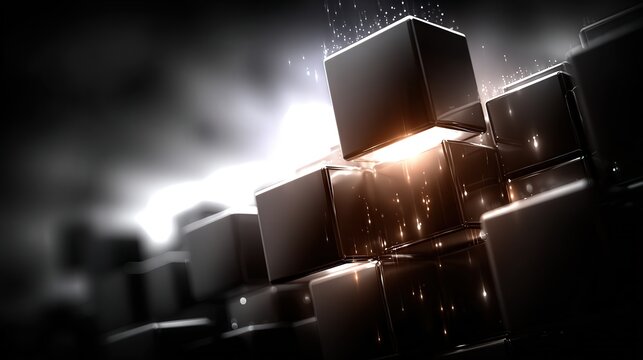 Illuminated black cubes create a futuristic scene, ideal for technology, design, or innovation themes in presentations, websites, or promotional materials,