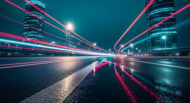 Night City Highway Lights, Speed and Motion Blur, Modern Urban Landscape, Technology, Transportation Stock Photo.