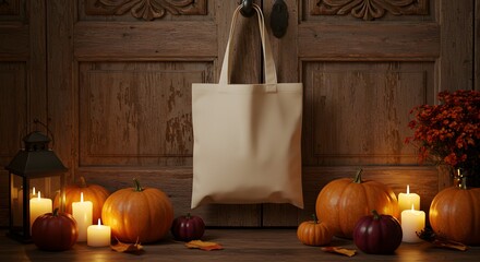 Blank canvas tote bag mockup hanging on a wooden door, surrounded by pumpkins and glowing candles for a cozy autumn or Halloween theme
