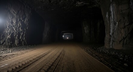 Obraz premium Dark & Mysterious Mine Tunnel Stock Photo: Deep Underground Road Leading to Light.