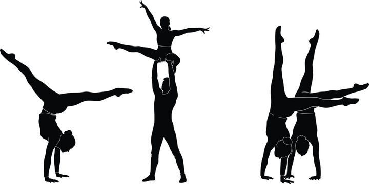 Silhouettes of acrobats performing handstands and lifts, showcasing strength, balance, coordination, teamwork, flexibility, black and white, athletic motion
