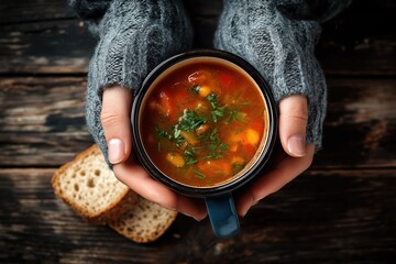 a diligent woman holds an enamel mug with vegetable soup and bread on the table, top view. on a wooden background