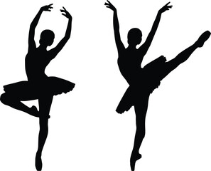 Ballerina silhouettes, black and white vector illustration, elegant dance poses, ballet dancers, grace, movement, artistic expression, female performers