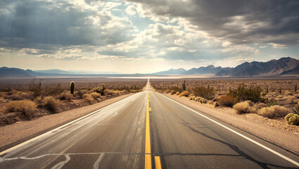 Fototapeta premium Endless highway stretches through the desert landscape with dramatic clouds above and distant mountains in Nevada