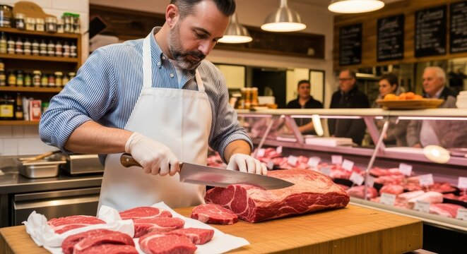 Professional butcher cutting meat in a local butcher shop for culinary preparation