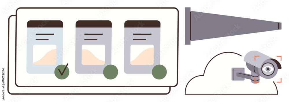 Poster monitoring dashboard with three data screens, checkmarks, and a security camera. ideal for surveilla
