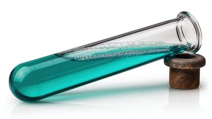 A blue liquid in a glass test tube with bubbles sits beside a rusted metal stopper, ideal for educational materials, scientific publications, or illustrating chemistry concepts,